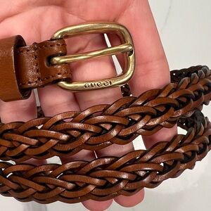 Gucci Brown Braided Leather Belt with Gold Buckle